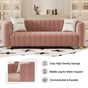 Kadway Mid-Century Modern Sofa for Living Room, 84" Pink Luxury Velvet Loveseat Sofa Couch Sectional Love Seat Sofa Couch with Gold Legs Upholstered Sofa for Apartment Bedroom Home Office