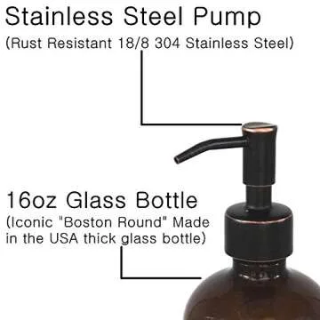 2 Pack Thick Amber Glass Pint Jar Soap Dispenser with Oil Rubbed Bronze Stainless Steel Pump, 16ounce Boston Round Bottles Dispenser with Rustproof Pump for Essential Oil, Lotion Soap