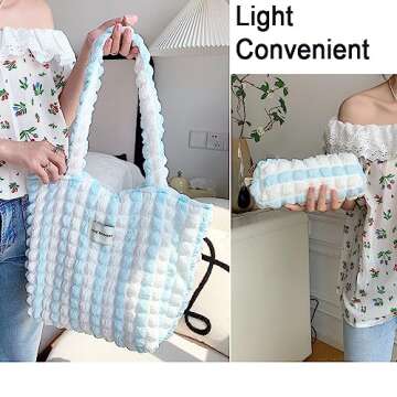 Docutca Quilted Puffer Tote Bag for Women Bubble Cloud Tote Bag with Zipper Lightweight Padded Shoulder Bag with Cute Small Makeup Bag for Purse Gift for Women