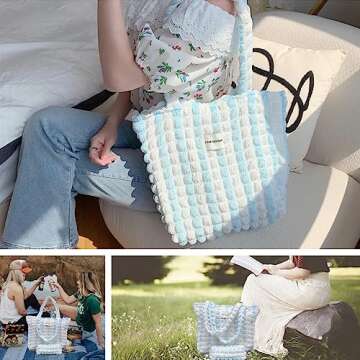 Docutca Quilted Puffer Tote Bag for Women Bubble Cloud Tote Bag with Zipper Lightweight Padded Shoulder Bag with Cute Small Makeup Bag for Purse Gift for Women