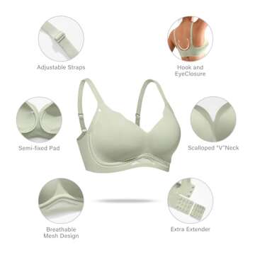DEANGELMON Scalloped V Neck Wireless Bras for Women Seamless No Underwire Full Coverage Push Up Bras Soft Comfort Bralettes(Green,M)
