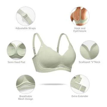 DEANGELMON Scalloped V Neck Wireless Bras for Women Seamless No Underwire Full Coverage Push Up Bras Soft Comfort Bralettes(Green,M)