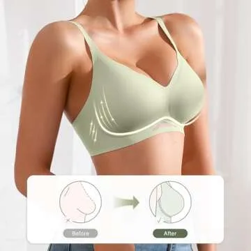 DEANGELMON Scalloped V Neck Wireless Bras for Women Seamless No Underwire Full Coverage Push Up Bras Soft Comfort Bralettes(Green,M)