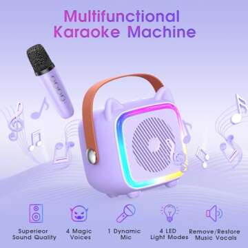Mini Karaoke Machine for Kids: SXH Portable Karaoke Machine with Bluetooth Wireless Microphone and Light Include 64GB-TFcard Toys Gifts for 3-14 Years Old Girls Boys (Purple 1 Mic)
