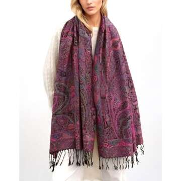 Achillea Soft Silky Reversible Paisley Pashmina Shawl Wrap Scarf w/Fringes (Tapestry Fuchsia)