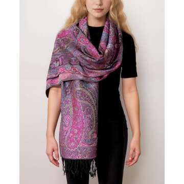 Achillea Soft Silky Reversible Paisley Pashmina Shawl Wrap Scarf w/Fringes (Tapestry Fuchsia)