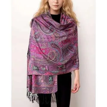 Achillea Soft Silky Reversible Paisley Pashmina Shawl Wrap Scarf w/Fringes (Tapestry Fuchsia)