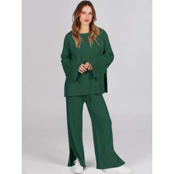 ANRABESS Womens 2 Piece Outfits Oversized Knit Sweater Set Wide Leg Pant Cozy Lounge Matching Pajama...