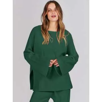 ANRABESS Womens 2 Piece Outfits Oversized Knit Sweater Set Wide Leg Pant Cozy Lounge Matching Pajama Sets 2024 Trendy Clothes Grass Small