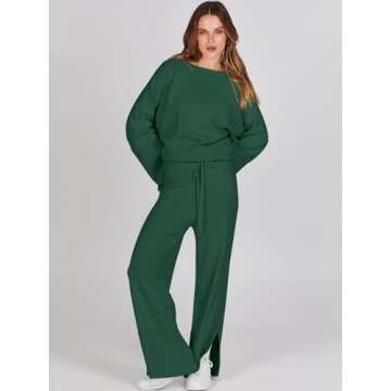 ANRABESS Womens 2 Piece Outfits Oversized Knit Sweater Set Wide Leg Pant Cozy Lounge Matching Pajama Sets 2024 Trendy Clothes Grass Small