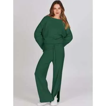 ANRABESS Womens 2 Piece Outfits Oversized Knit Sweater Set Wide Leg Pant Cozy Lounge Matching Pajama Sets 2024 Trendy Clothes Grass Small