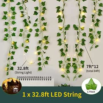 KASZOO 84Ft 12 Pack Artificial Ivy Garland Fake Plants, Vine Hanging Garland with CE Certified 80 LED String Light, Hanging for Home Bedroom Garden Party Wedding Wall Room Decor, Green