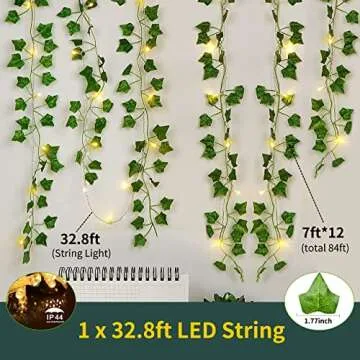 KASZOO 84Ft 12 Pack Artificial Ivy Garland Fake Plants, Vine Hanging Garland with CE Certified 80 LED String Light, Hanging for Home Bedroom Garden Party Wedding Wall Room Decor, Green
