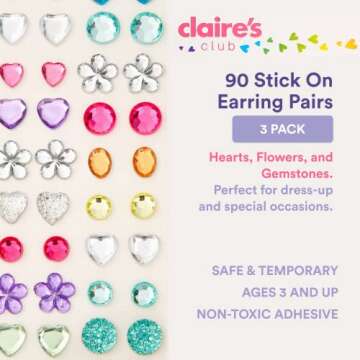 Claire's Stick On Earrings for Girls - Variety of 3D Sticker Earrings - Cute Self-Adhesive Stickers - Jewlery Set Perfect for Dress Up - Shapes