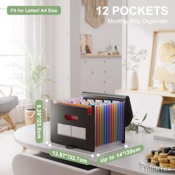 ThinkTex Accordion File Organizer, 12 Pockets Expanding File Folders, Portable Monthly Bill Receipt ...