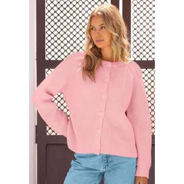 MEROKEETY Women's 2024 Long Sleeve Cardigan Sweater Crew Neck Button Ribbed Open Front Knit Outerwear, LightPink, S