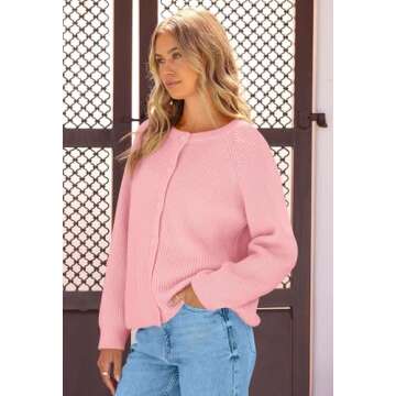 MEROKEETY Women's 2024 Long Sleeve Cardigan Sweater Crew Neck Button Ribbed Open Front Knit Outerwear, LightPink, S