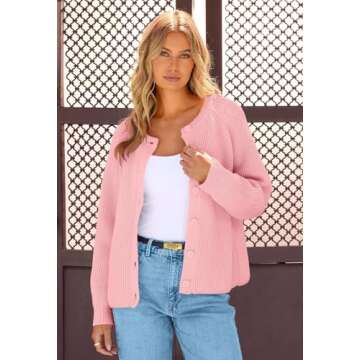 MEROKEETY Women's 2024 Long Sleeve Cardigan Sweater Crew Neck Button Ribbed Open Front Knit Outerwear, LightPink, S