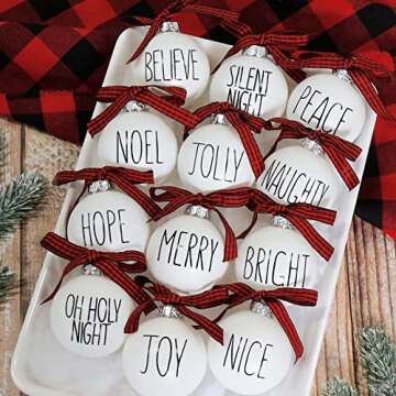 Christmas Ornaments - Xmas Tree Decorations - Set of 12 Shatterproof Bulbs with Buffalo Plaid Bows - White Holiday Balls Rustic Farmhouse Decor