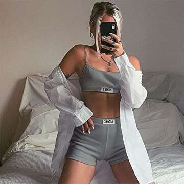 Nhicdns Summer Outfits for Women 2 Piece Sexy Ribbed Shorts Crop Tops Tracksuits Sets Y2K Clothing