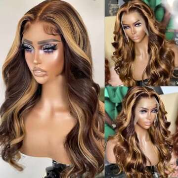 mogge 24 Inch Ombre Lace Front Wig Human Hair 4/27 13x4 Body Wave Highlight Lace Front Wig Human Hai...