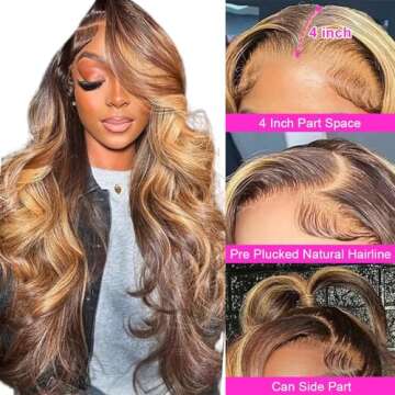 mogge 24 Inch Ombre Lace Front Wig Human Hair 4/27 13x4 Body Wave Highlight Lace Front Wig Human Hair Pre Plucked With Baby Hair Honey Blonde Wig Human Hair 180% Density Wigs Human Hair for Women