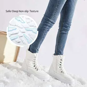 Moudki Womens Warm Fur Lined Snow Boots for Cold Weather, Non-slip Black Combat Boots with Zipper for Hiking, Lace up White Winter Booties for Women, Water Resistant Mid Calf Shoes(White,US7)