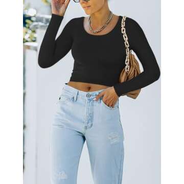 REORIA Women's Cute Long Sleeve Crew Neck Double Lined Going Out Crop Tops Fashion Tight T Shirts Sl...