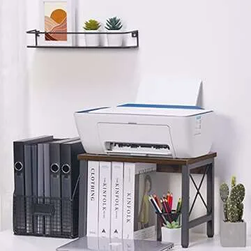 Giikin Vintage Printer Stand for Home and Office, Desktop Storage Shelf for Printers, Fax Machine, Scanner, Files, Books, Office Supplies, Rustic Wood Printer Shelves Table Desk (Antique Brown)