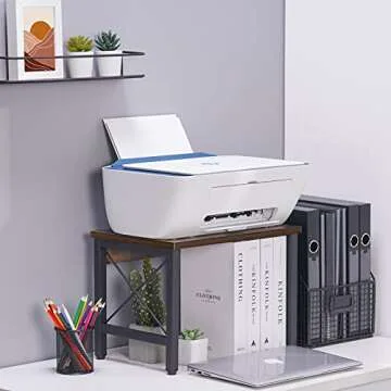 Giikin Vintage Printer Stand for Home and Office, Desktop Storage Shelf for Printers, Fax Machine, Scanner, Files, Books, Office Supplies, Rustic Wood Printer Shelves Table Desk (Antique Brown)