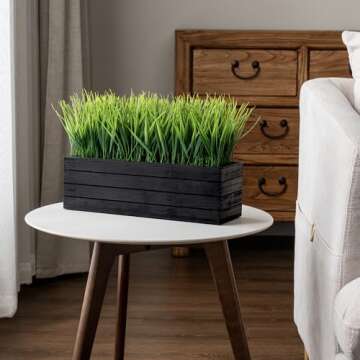 MyGift 14 Inch Artificial Green Grass Plant in Vintage Black Wood Planter Window Box, Faux Greenery in Decorative Rectangular Crate Style Wooden Container