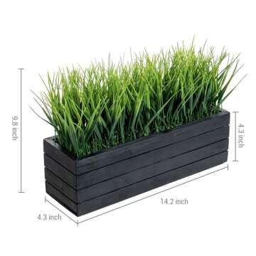 MyGift 14 Inch Artificial Green Grass Plant in Vintage Black Wood Planter Window Box, Faux Greenery in Decorative Rectangular Crate Style Wooden Container