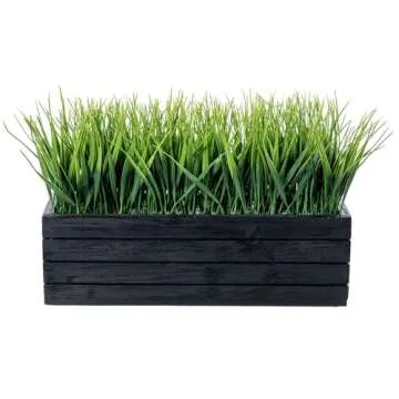 MyGift 14 Inch Artificial Green Grass Plant in Vintage Black Wood Planter Window Box, Faux Greenery in Decorative Rectangular Crate Style Wooden Container