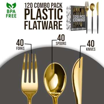 Trendables 120 Pack Disposable Silverware Set - Plastic Cutlery Dinnerware - Includes 40 - Plastic Forks - Plastic Spoons - Plastic Knives - Black & Gold Plastic Silverware Plastic Utensils Party Set