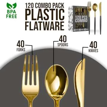 Trendables 120 Pack Disposable Silverware Set - Plastic Cutlery Dinnerware - Includes 40 - Plastic Forks - Plastic Spoons - Plastic Knives - Black & Gold Plastic Silverware Plastic Utensils Party Set