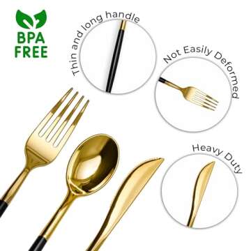 Trendables 120 Pack Disposable Silverware Set - Plastic Cutlery Dinnerware - Includes 40 - Plastic Forks - Plastic Spoons - Plastic Knives - Black & Gold Plastic Silverware Plastic Utensils Party Set