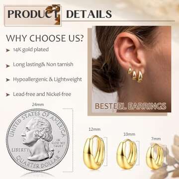BESTEEL 3Pairs Gold Hoop Earrings for Women Chunky Gold Hoops Earrings 14K Gold Filled Hypoallergenic Small Huggie Hoop Earrings Tiny Gold Trendy Thick Hoop Earrings Stacks for Multiple Piercing