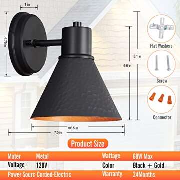 2 Pack Outdoor Wall Sconces - Wall Lights Fixture Exterior Farmhouse Porch Light with Hammered Metal Shade, Anti-Rust Waterproof Black Outside Barn Light for Front Porch Patio Garage Gazebo House