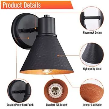 2 Pack Outdoor Wall Sconces - Wall Lights Fixture Exterior Farmhouse Porch Light with Hammered Metal Shade, Anti-Rust Waterproof Black Outside Barn Light for Front Porch Patio Garage Gazebo House