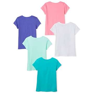 Amazon Essentials Girls' Short-Sleeve T-Shirt Tops - Discontinued Colors, Pack of 5, Aqua Green/Blue/Pink/Turquoise Blue Text Print/White Unicorn, Small