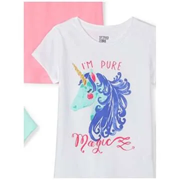 Amazon Essentials Girls' Short-Sleeve T-Shirt Tops - Discontinued Colors, Pack of 5, Aqua Green/Blue/Pink/Turquoise Blue Text Print/White Unicorn, Small
