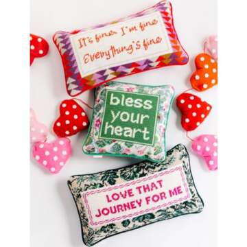 FURBISH Handmade Needlepoint Decorative Throw Pillow - Love That Journey - 9" x 15" - Small Embroidered Accent Pillow for Bed, Chair, Couch, Sofa - Aesthetic Preppy Home Decor