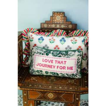 FURBISH Handmade Needlepoint Decorative Throw Pillow - Love That Journey - 9" x 15" - Small Embroidered Accent Pillow for Bed, Chair, Couch, Sofa - Aesthetic Preppy Home Decor
