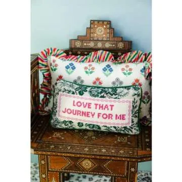 FURBISH Handmade Needlepoint Decorative Throw Pillow - Love That Journey - 9" x 15" - Small Embroidered Accent Pillow for Bed, Chair, Couch, Sofa - Aesthetic Preppy Home Decor