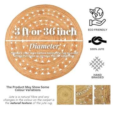 RIANGI Jute Rug Boho Area Rug - Round Jute Rug 3ft - Elegant Small Boho Rug, 3 Ft Round Rug - Perfect Circle Design for Cozy Spaces - Quality Jute Round Rug 3ft - Stylish Small Round Rugs 3 Feet