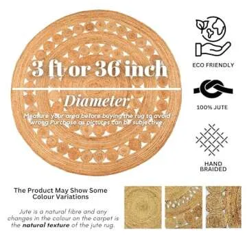 RIANGI Jute Rug Boho Area Rug - Round Jute Rug 3ft - Elegant Small Boho Rug, 3 Ft Round Rug - Perfect Circle Design for Cozy Spaces - Quality Jute Round Rug 3ft - Stylish Small Round Rugs 3 Feet