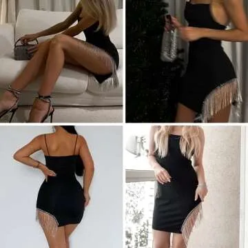 ZGMYC Women Sparkly Rhinestones Tassel Bodycon Mini Dress Sexy Sleeveless Spaghetti Strap Party Dress Clubwear Black