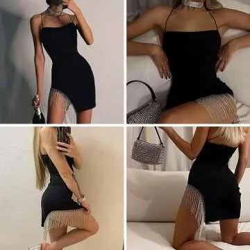 ZGMYC Women Sparkly Rhinestones Tassel Bodycon Mini Dress Sexy Sleeveless Spaghetti Strap Party Dress Clubwear Black