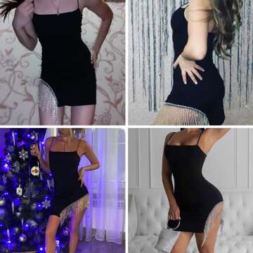 ZGMYC Women Sparkly Rhinestones Tassel Bodycon Mini Dress Sexy Sleeveless Spaghetti Strap Party Dress Clubwear Black