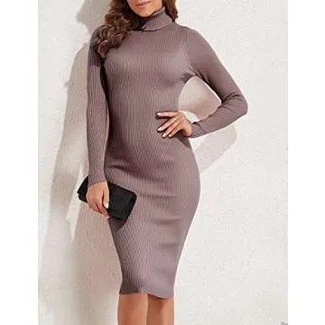 PrettyGuide Women Slim Fit Ribbed Turtleneck Long Sleeve Midi Knit Sweater Dress Camel S